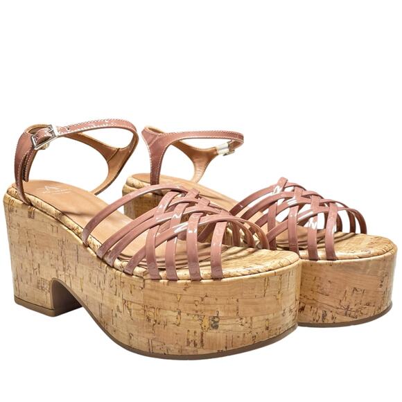 AQUATALIA Elene Patent Leather Strappy Caged Cork Platform Sandals Size 7.5 - Picture 1 of 9